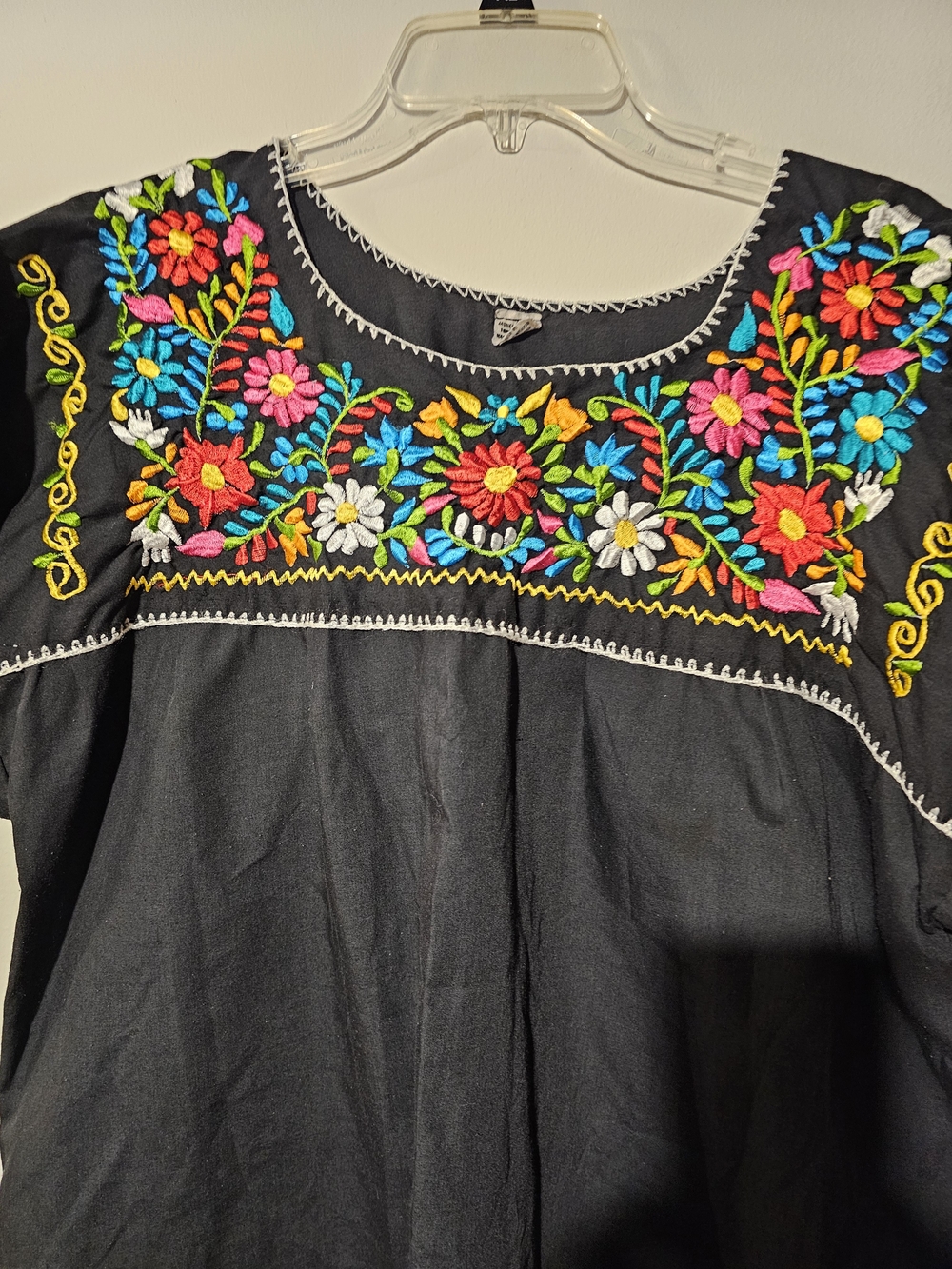 Black Embroidered Floral Peasant Top - Women